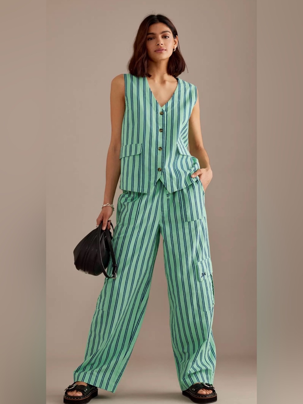 Damson Madder Cotton Linen Sydney Coastal Cargo Pants Mint Stripe UK 10 US 6 - Picture 5 of 13